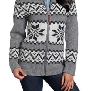 Vtg Woolrich Quehanna Women Gray and White Patterned full zip Cardigan Nordic L